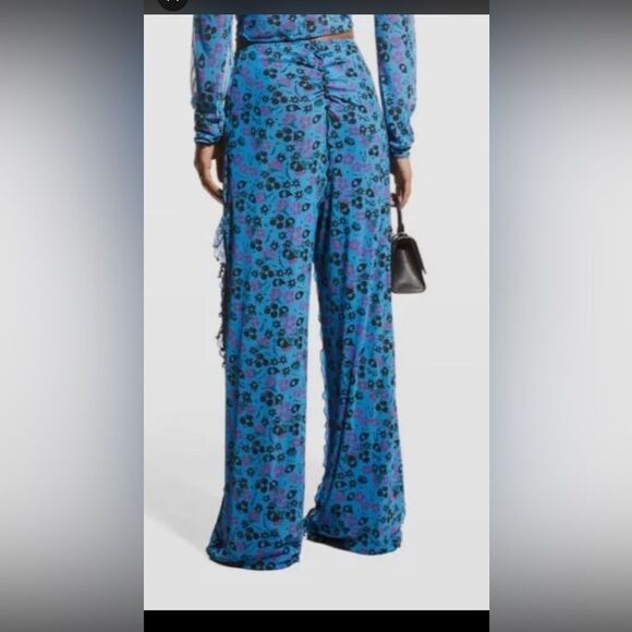 Anna Sui Womens Blue Ruffle Trim Field Flower Pants M Boho Festival Wide Leg - Picture 2 of 11